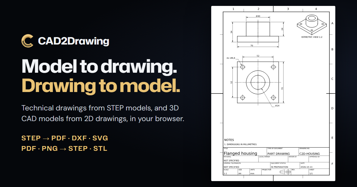 Drawing to CAD: 2D Drawing to 3D CAD Model (STEP) · CAD2Drawing